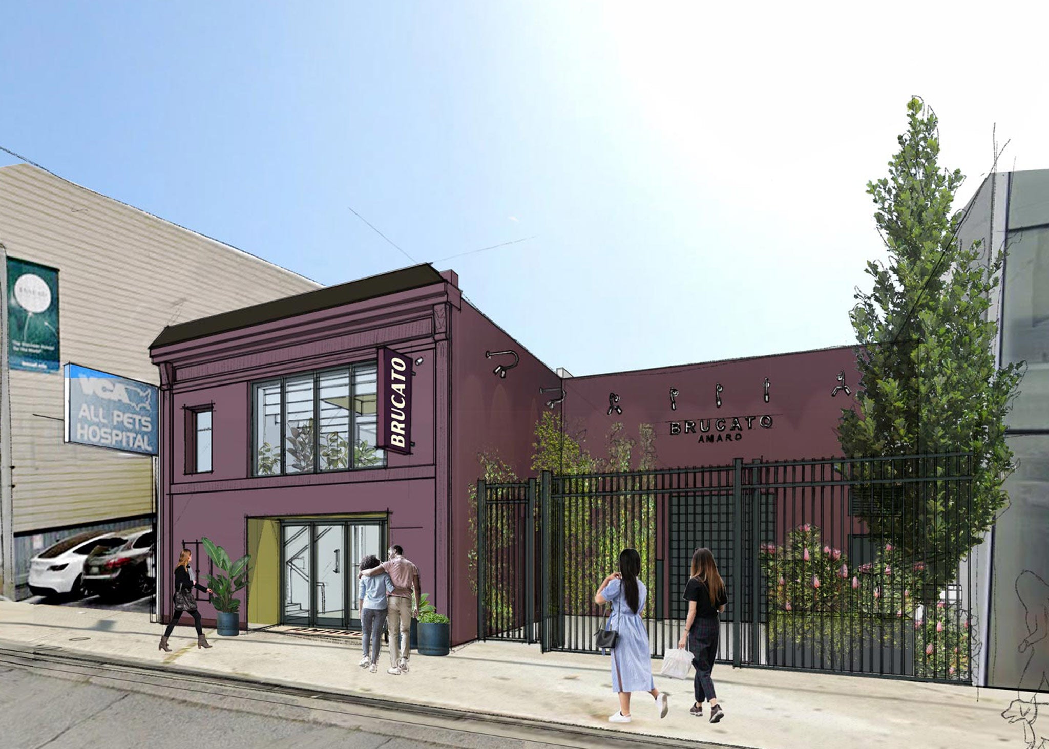 Exterior rendering of Bar Brucato with people walking by on the street