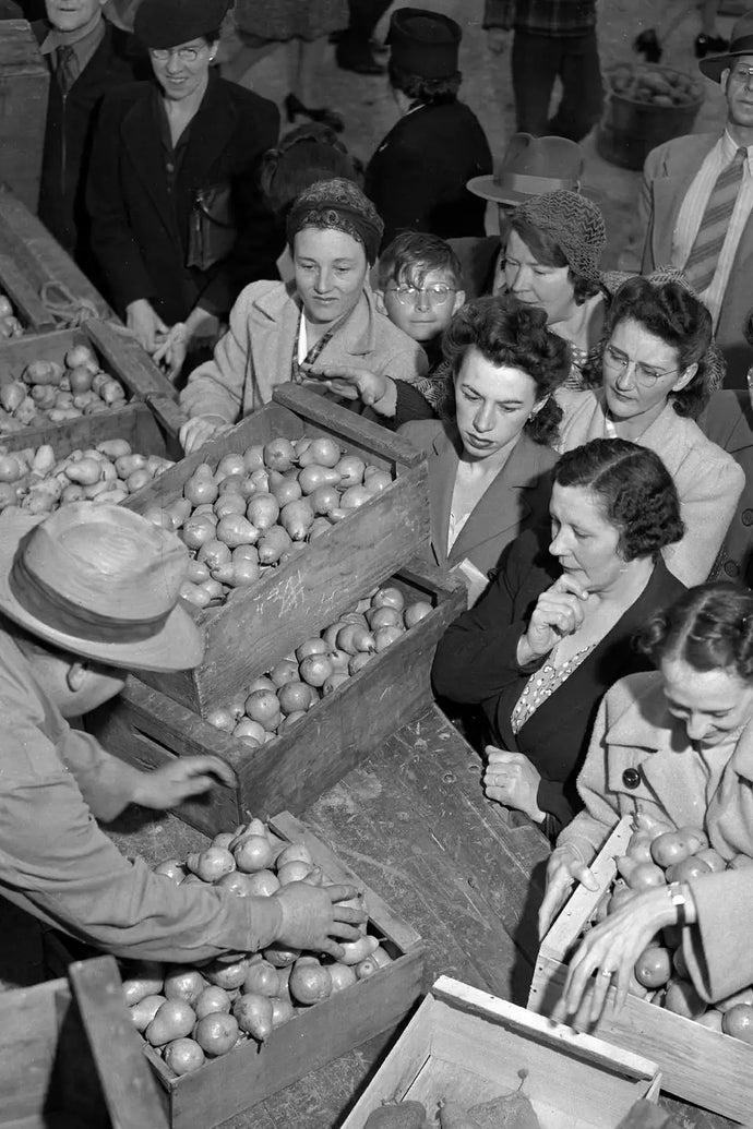 Black and white photo of pears being given to people during World War II